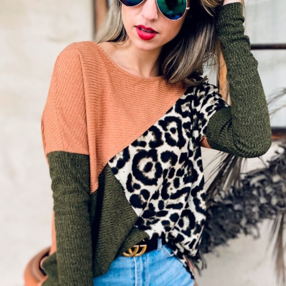 Amoli Leopard Color Block Ribbed Tunic Top - Picture 4 of 5